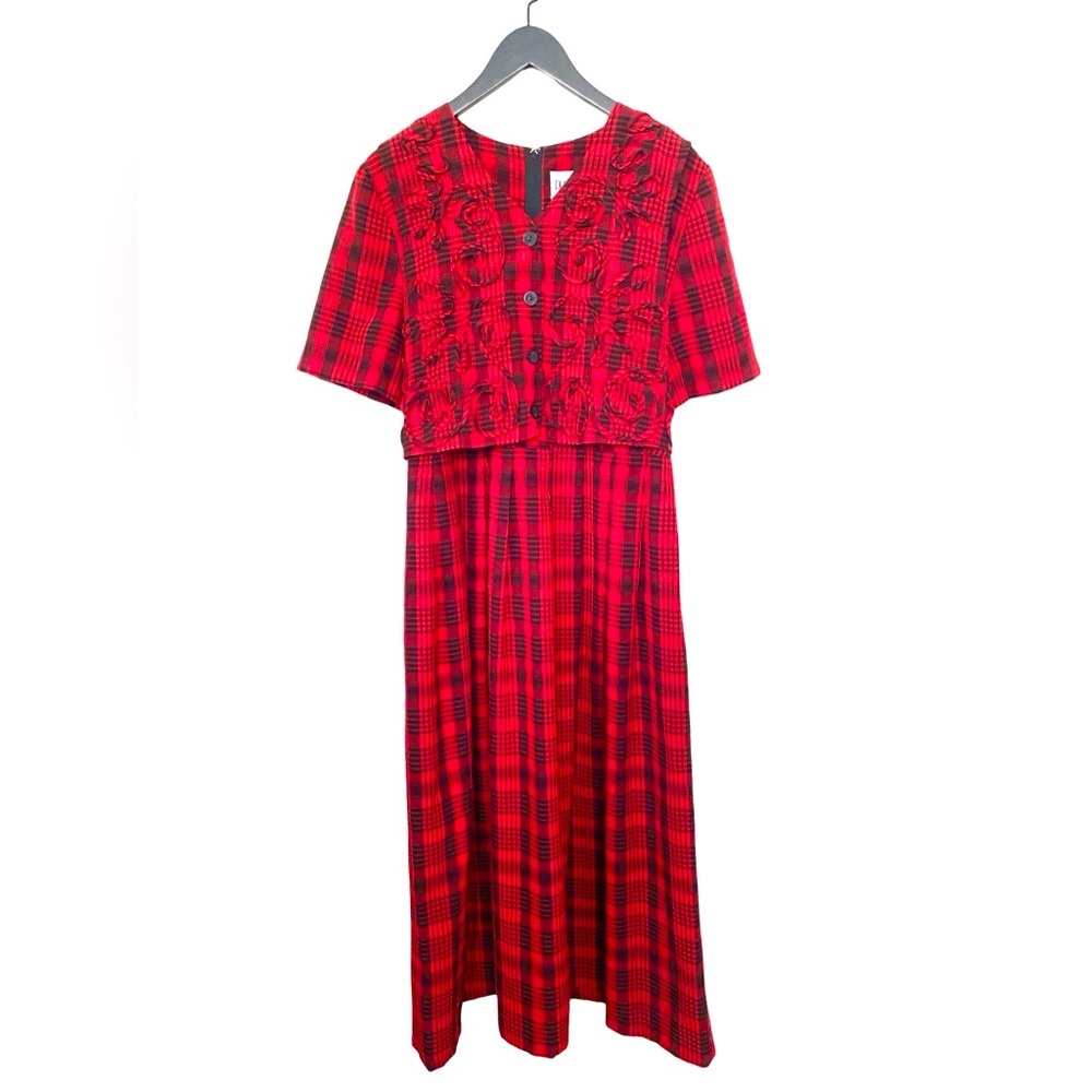 Plaza South Vintage 90s Dress 10 Maxi Red Black Plaid Attached Vest Tie Back